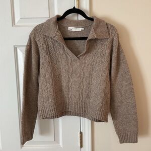 Astr Light Brown V-Neck Cable Knit Sweater